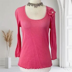 Liz Claiborne Y2K Whimsical Coquette Pink 100% Cotton Ruffled Flower Sweater S